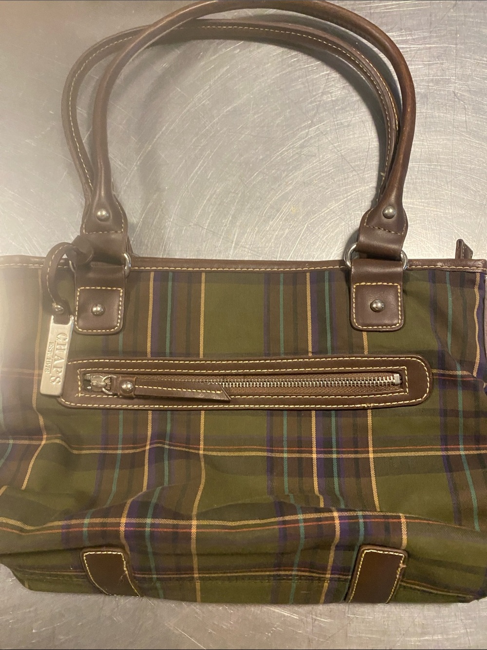 Chaps Brand Olive Plaid Tote Bag with Brown Trim